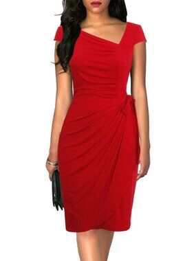 Women's Retro 1950s Cap Sleeve Knee-Length Sheath Red Bodycon Faux Wrap Dress
